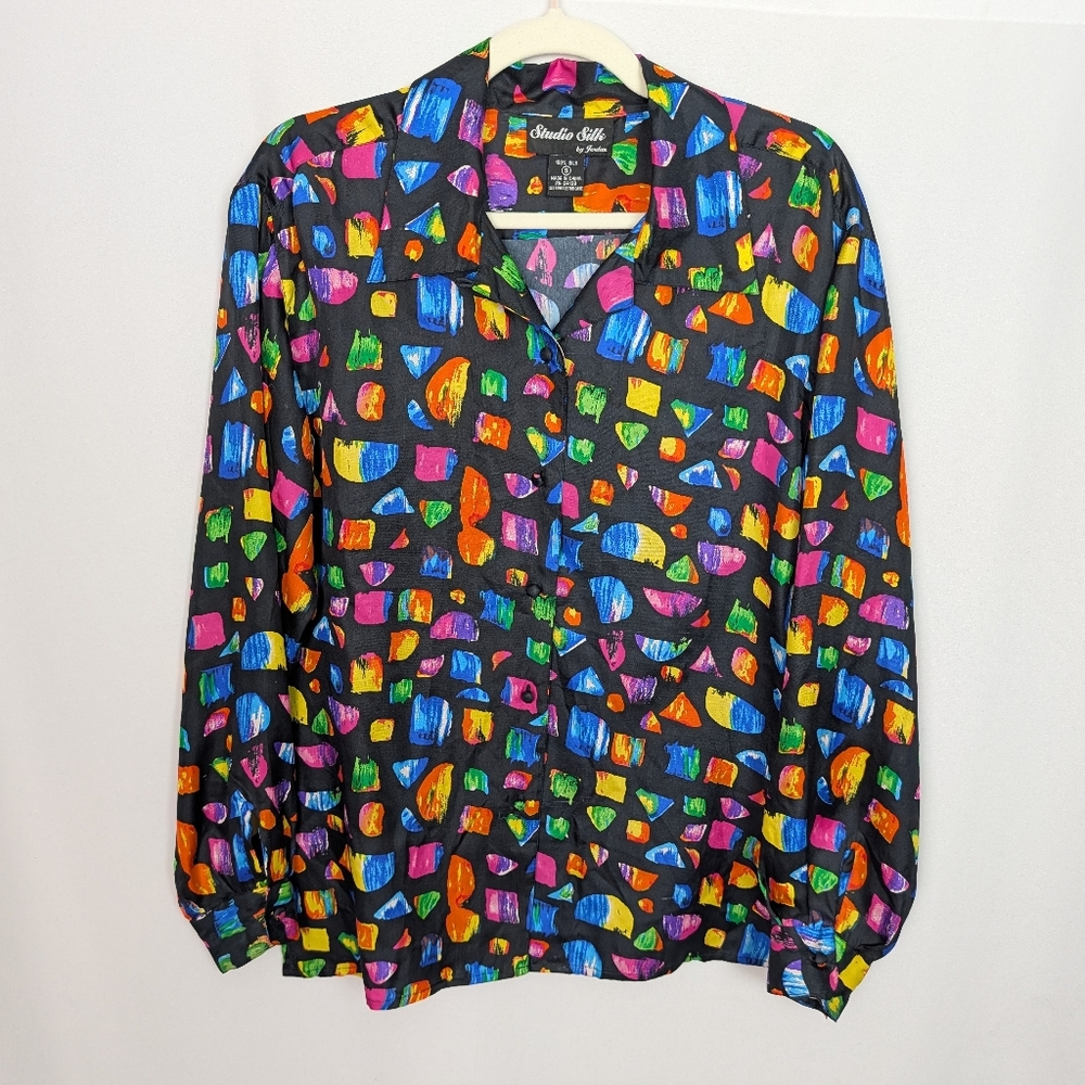 Vintage 100% Silk Colorful Abstract Button-Up Shirt